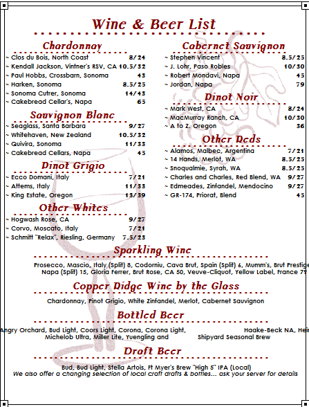 wine list for restaurant